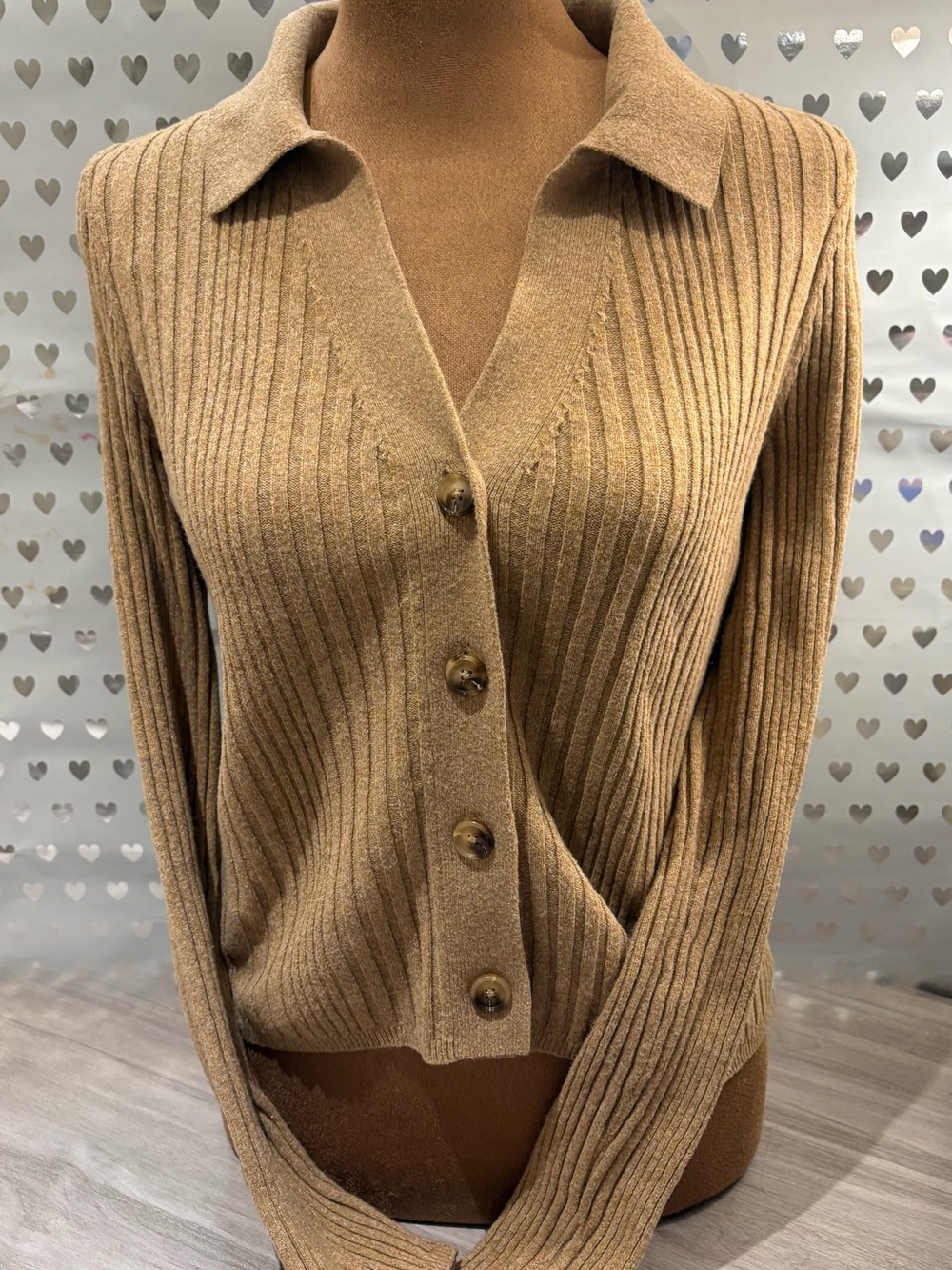 MSK Camel Ribbed Button-Front Cardigan Sweater